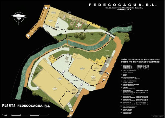 Gesamtplan der Kaffeeaufbereitungs-Anlage von Palín mit Lagern und Büroräumen. Die gestrichelten Linien umreißen die von Ascheregen und Schlammfluten zerstörten bzw. stark beschädigten Gebäude/Bezirke.