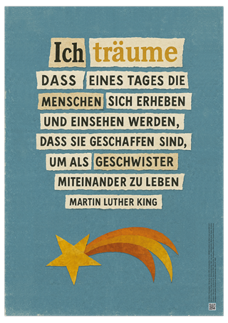 Mit dem aktuellen Motiv - erhältlich als Poster und Karte - greift die action 365 das Thema des friedlichen Zusammenlebens auf. Ausgehend von einem Zitat aus Martin Luther Kings Weihnachtspredigt im Jahr 1967 stellt es eine geschwisterliche Vision ins Zentrum. Das Motiv rundet das Jahresthema 2025 »Zusammenleben ermöglichen« ab.